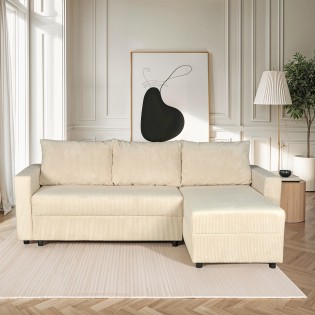 Canapé d'angle convertible et réversible avec coffre THEO en velours côtelé / Beige