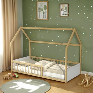 Lit cabane BALOO 90x190 + 1 sommier / Blanc et naturel