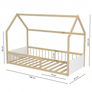 Lit cabane BALOO 90x190 + 1 sommier / Blanc et naturel