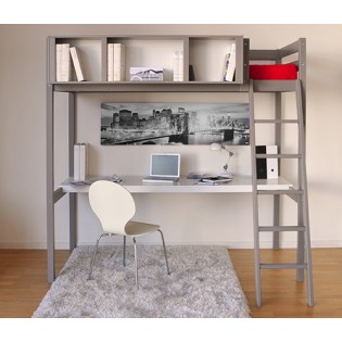 Lit mezzanine LOU 90x190 + 1 sommier + bureau + rangement 3 niches / Gris Taupe