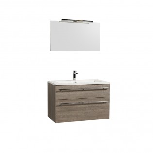Waschtischunterschrank 90cm + Waschbecken + Spiegel + Beleuchtung MAIA / Eiche hell grau