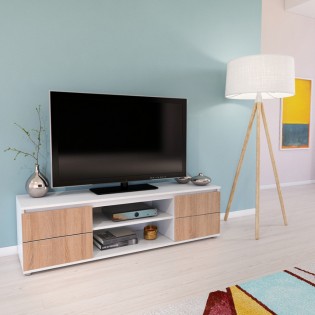 TV-ELEMENT COMO / 140x38x40 cm mit 2 Türen + 1 Nische - Weiß und Eiche gebleicht