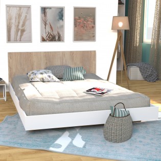 BETT LOFT / BETT 140x190 cm + Lattenrost + Kopfteil - Weiß & gebleichte Eiche