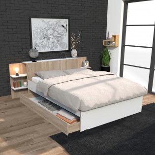 Bett CITY 140x190 + Kopfteil Nachttisch + 1 Schublade / Weiß & gebleichte Eiche