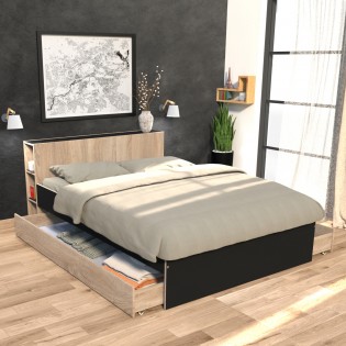 Lit RIGA 140x190cm + tête de lit + 2 tiroirs / Décor Noir et Chêne blanchi
