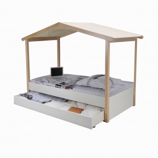 Hüttenbett CASTEL 90x190 + 1Kommode + Schublade / Weiß und naturfarben