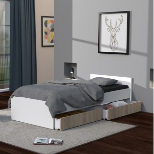 Lit KAPPA 90x190 + 2 tiroirs / Décor Chêne Blanchi et Blanc