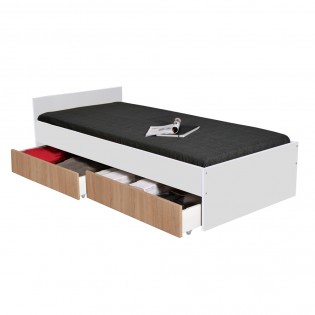 Lit KAPPA 90x190 + 2 tiroirs / Décor Chêne Blanchi et Blanc