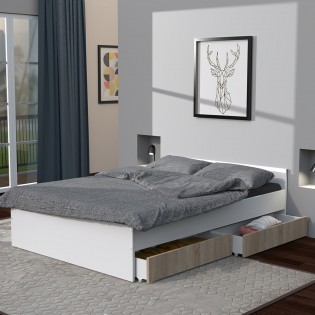 Lit KAPPA 140x190 cm + 2 tiroirs / Décor Chêne Blanchi et Blanc