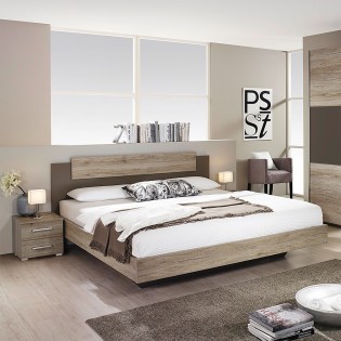 Lit MONZA 140x190cm + tête de lit + 2 chevets / Gris et chêne blanchi