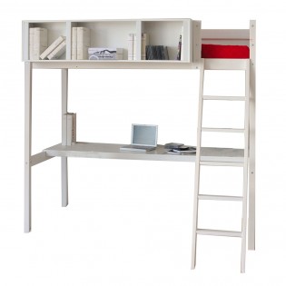 Lit mezzanine LOU 90x190 + 1 sommier + bureau + rangement 3 niches / Blanc