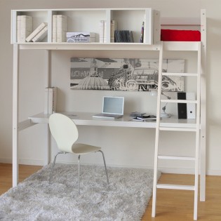 Hochbett LOU 90x190 + 1 Bettkasten + Schreibtisch + Stauraum 3 Nischen / Weiß