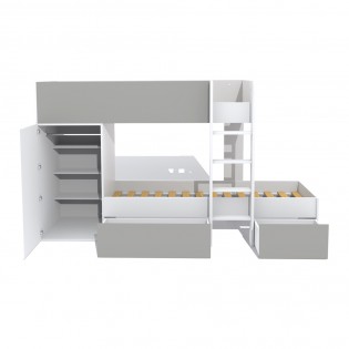 Etagenbett TWIN 90x190 mit Schrank und Schubladen + 2 Lattenroste / Weiß und Grau