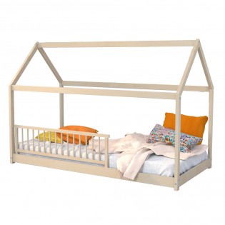 Lit cabane PANDA 90x190 + 1 sommier + barrière /Naturel