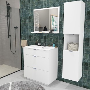 Meuble sous-vasque MARBELLA 80 cm + vasque + miroir + colonne / Blanc