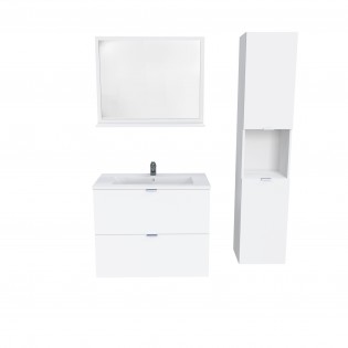 Meuble sous-vasque MALAGA 80 cm + vasque + miroir + colonne / Blanc