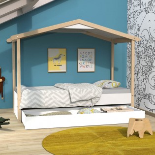 Hüttenbett CASTEL 90x190 + 1Kommode + Schublade / Weiß und naturfarben