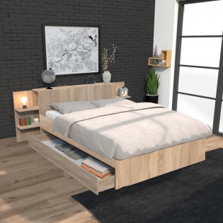 Bett CITY 140x190 + Kopfteil Nachttisch + 1 Schublade / Eiche gebleicht