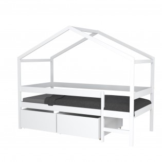 Lit cabane MIKA 90x190 + sommier + 2 tiroirs / Blanc