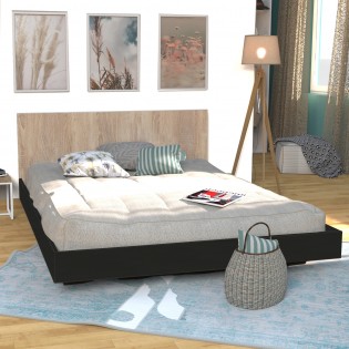 Lit LOFT 140x190 + 1 sommier + tête de lit / Décor Noir & chêne blanchi