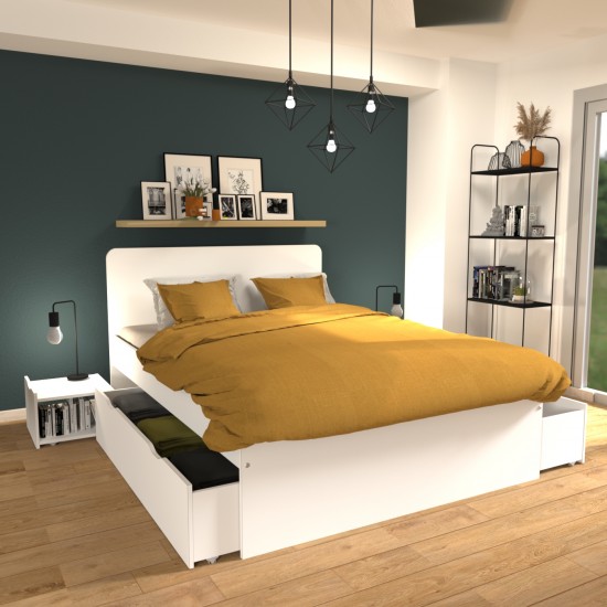 Lit avec 2 tiroirs 140 x 190 cm - Coloris : Naturel et blanc brillant +  Sommier + Matelas - VELONA