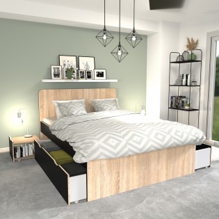 DOPPELBETT ZENIA /160x200 + 2 Nachttische+ 2 Schubladen - Eiche gebleicht & schwarz