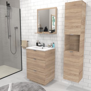 Meuble sous vasque MARBELLA 60 cm + vasque + miroir + colonne / Chêne blanchi