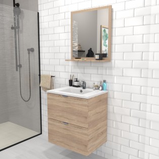 Meuble sous-vasque 2 tiroirs MALAGA  60 cm + vasque / Décor Chêne blanchi
