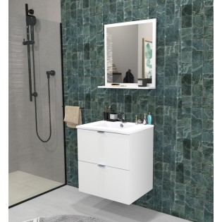 Waschbeckenunterschrank mit 2 Schubladen MALAGA 60 cm + Waschbecken + Spiegel / Weiß