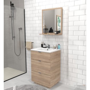 Meuble sous-vasque 3 tiroirs MARBELLA 60 cm + vasque + miroir / Chêne blanchi