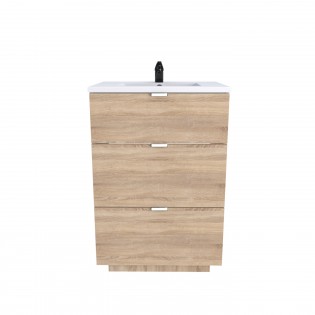 Waschbeckenunterschrank mit 3 Schubladen MARBELLA 60 cm + Waschbecken / Eiche gebleicht