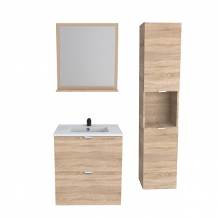 Waschtischunterschrank MALAGA 60 cm + Waschbecken + Spiegel + Säule / Eiche gebleicht