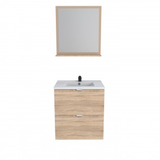 Waschbeckenunterschrank mit 2 Schubladen MALAGA 60 cm + Waschbecken + Spiegel / Gebleichte Eiche