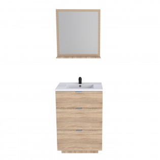 Meuble sous-vasque 3 tiroirs MARBELLA 60 cm + vasque + miroir / Chêne blanchi