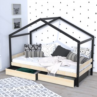 Hausbett 90x190 ETOILE + 2 Schubladen / Schwarz und Naturholz