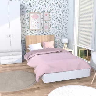 LOFT-Bett 90x190 cm + Bettkasten / Weiß & gebleichte Eiche