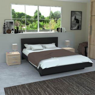 Lit LOFT 140x190 + 2 chevets + sommier + tête de lit / Noir