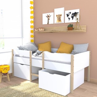 Lit mi-hauteur ZEPHIR 90x200 + 2 grands tiroirs + sommier / Blanc & vernis naturel