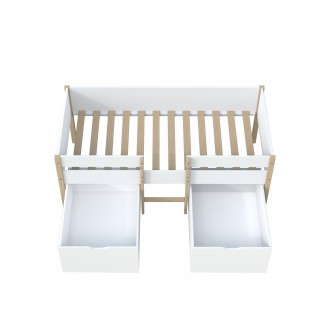 Lit mi-hauteur ZEPHIR 90x190 + 2 grands tiroirs + sommier / Blanc & vernis naturel