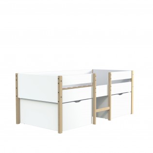 Halbhohes Bett ZEPHIR 90x190 + 2 große Schubladen + Lattenrost / Weiß & Naturlack