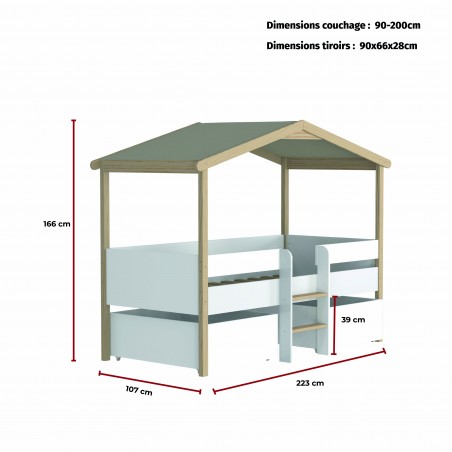 Lit cabane PILOTI 90x200+ 2 tiroirs + 1sommier / Blanc et naturel