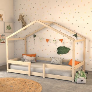 Lit cabane INDIANA 90x190 + sommier / Naturel