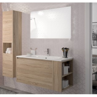 Meuble Salle de Bains 80 cm, Vasque Blanche, Miroir Led et Colonne - Chêne  Naturel - STRUCTURA