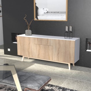 Bahut HOME 3 portes 1 tiroir / Décor Blanc et Chêne Blanchi
