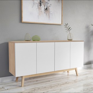 Sideboard HOME 4 Türen 2 Schubladen / Weiß und Eiche gebleicht