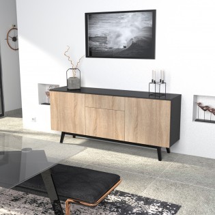 SIDEBOARD HOME/ 3 Türen + 1 Schublade - Schwarz und Eiche Gebleicht Dekor