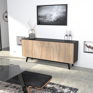 Sideboard HOME 3 Türen 1 Schublade / Schwarz und Weißeiche