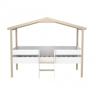 Lit cabane PILOTI 90x190 + 1sommier+ matelas IRIS / Blanc et naturel