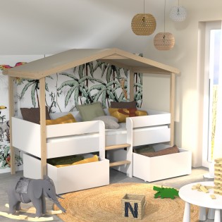 Hausbett mit Matratze und Schubladen/ Kinderbett 90x190 PILOTI - Weiß und naturfarben