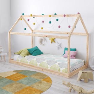 Lit cabane PANDA 90x190 + 1 sommier + matelas IRIS / Naturel